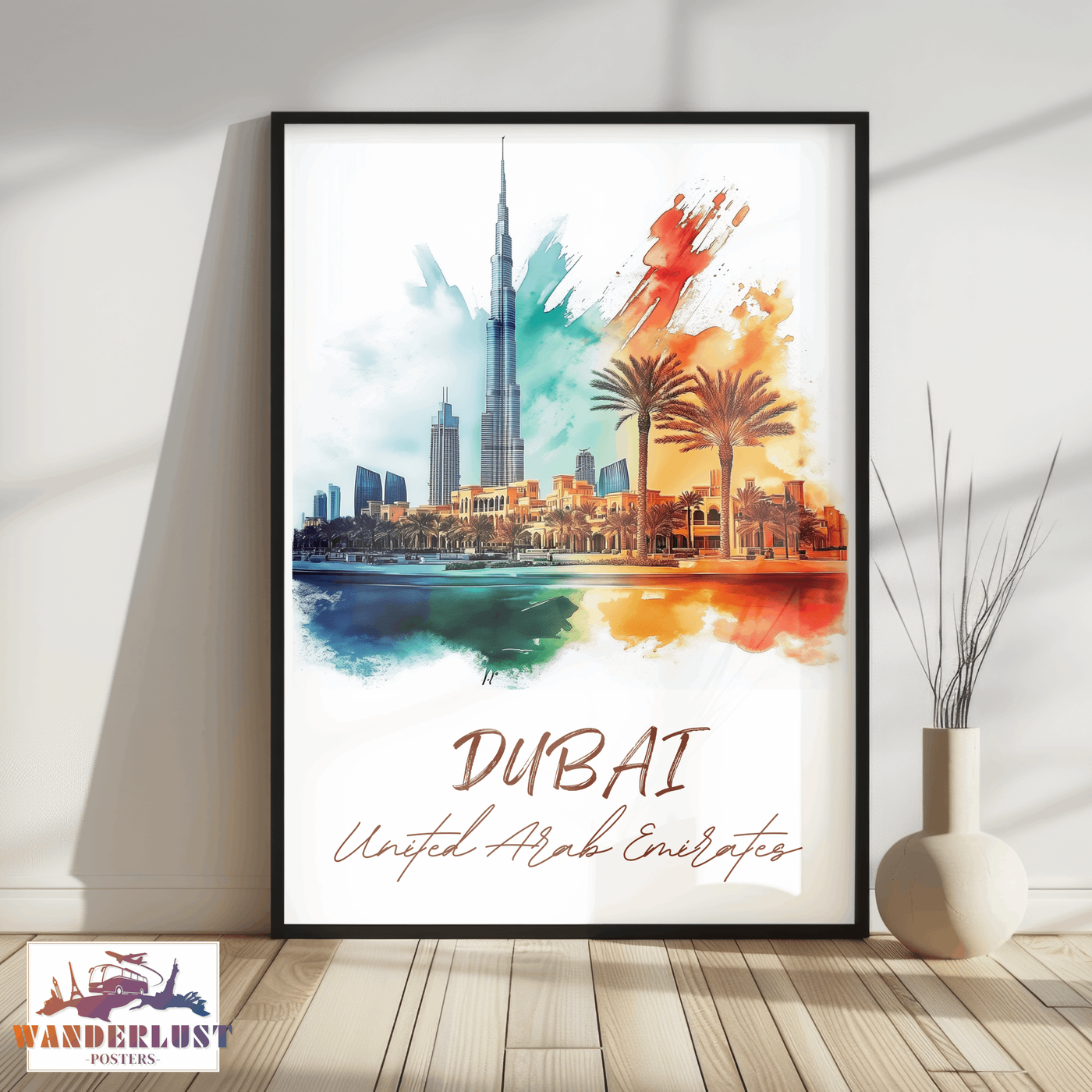 Dubai, United Arab Emirates - Vibrant Watercolor Skyline - Travel Poster