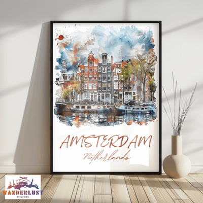 Amsterdam, Netherlands - Watercolor Canal View - Travel Poster