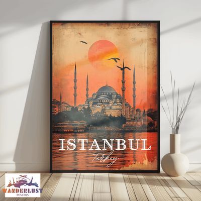 Istanbul, Turkey - Vintage Sunset Skyline - Travel Poster