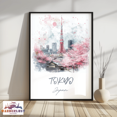 Tokyo, Japan - Watercolor Skyline with Cherry Blossoms - Travel Poster