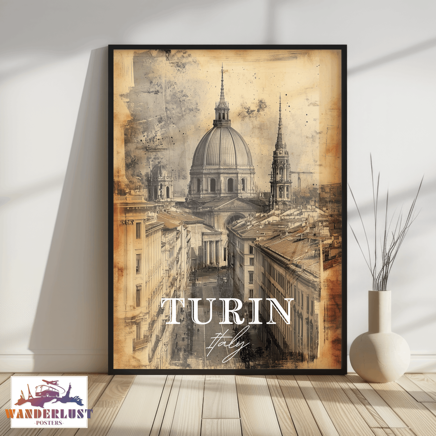 Turin, Italy - Vintage Skyline Art - Travel Poster