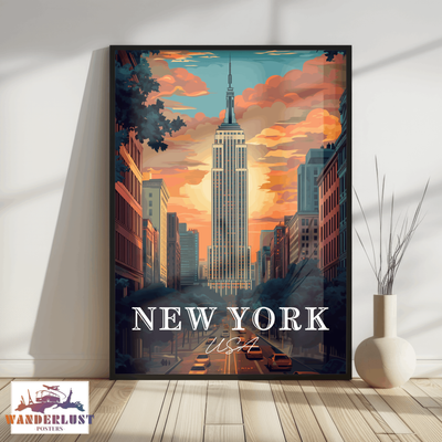 New York, USA - Retro Sunset Skyline - Travel Poster