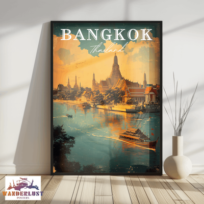 Bangkok, Thailand - Vintage River Scene - Travel Poster