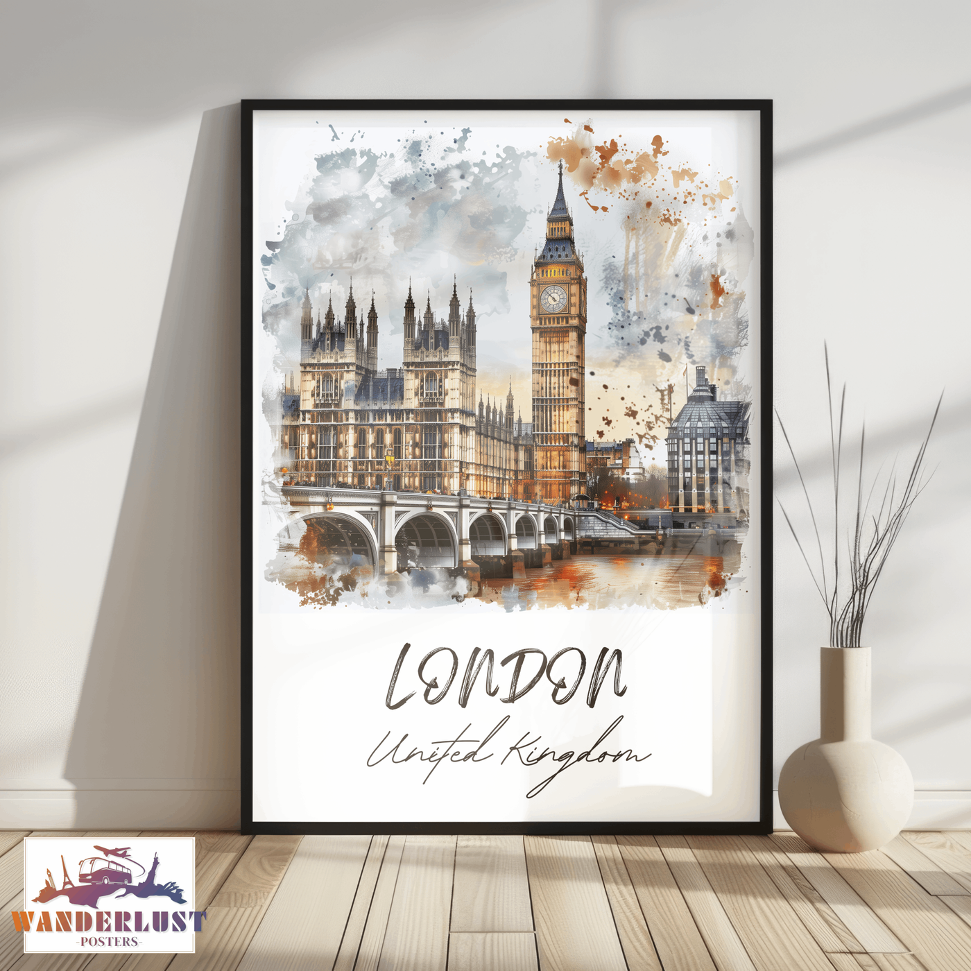 London, United Kingdom - Watercolor Skyline - Travel Poster