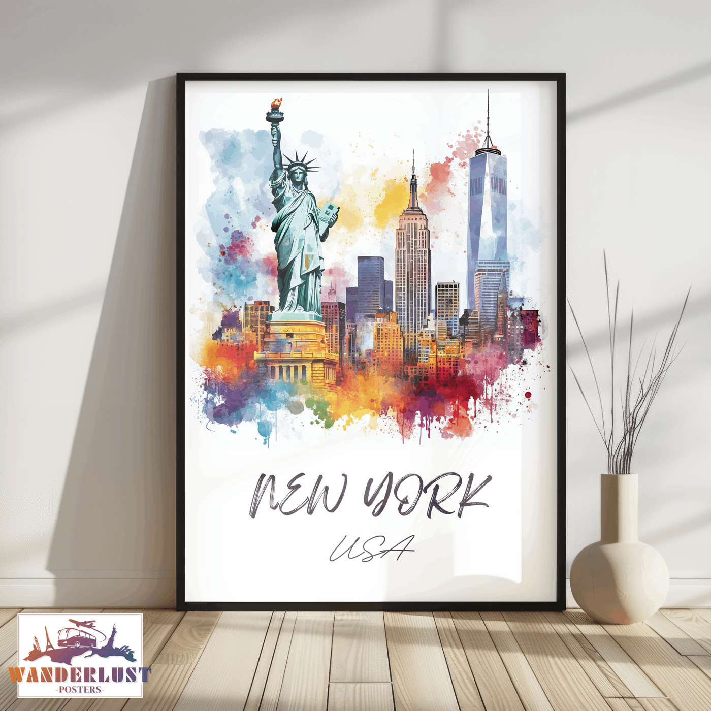 New York, USA - Watercolor Skyline with Statue of Liberty - Travel Poster