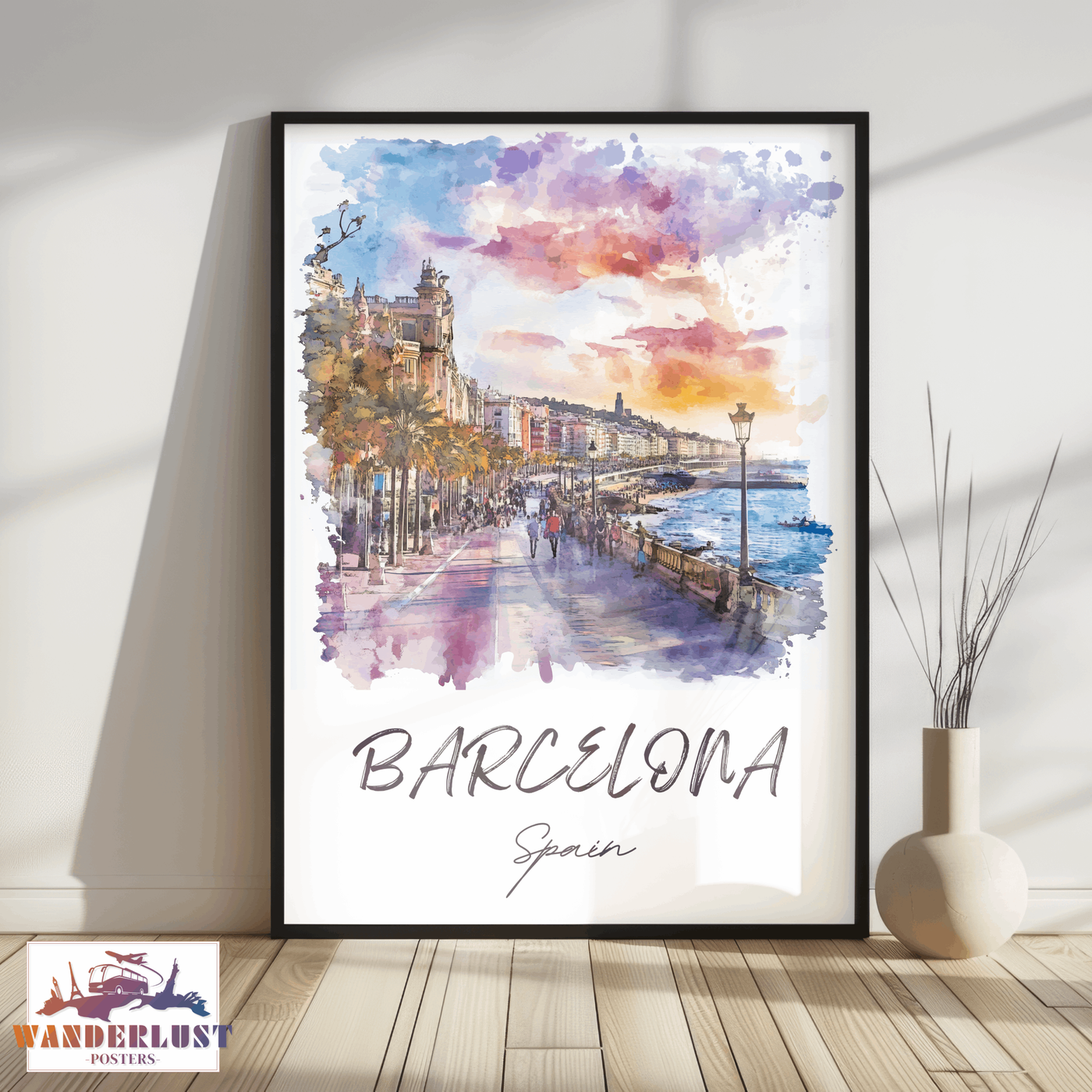 Barcelona, Spain - Watercolor Seaside Promenade - Travel Poster