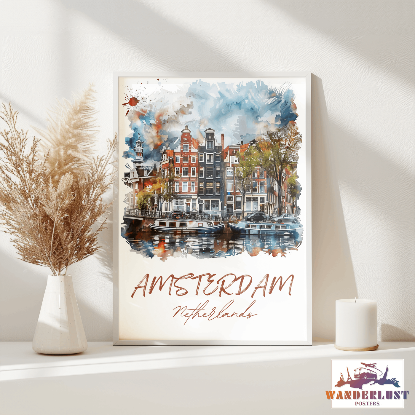 Amsterdam, Netherlands - Watercolor Canal View - Travel Poster