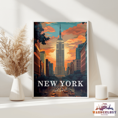 New York, USA - Retro Sunset Skyline - Travel Poster