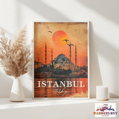 Istanbul, Turkey - Vintage Sunset Skyline - Travel Poster