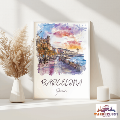 Barcelona, Spain - Watercolor Seaside Promenade - Travel Poster