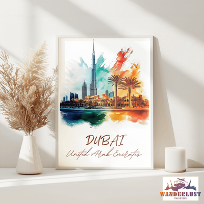 Dubai, United Arab Emirates - Vibrant Watercolor Skyline - Travel Poster