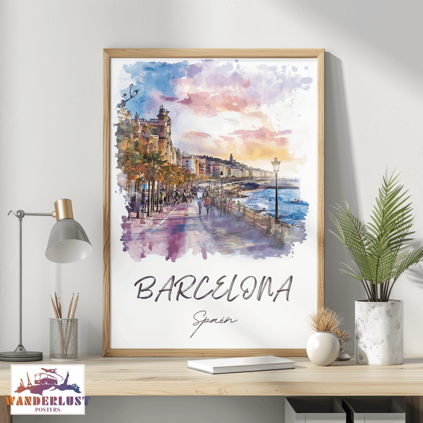 Barcelona, Spain - Watercolor Seaside Promenade - Travel Poster