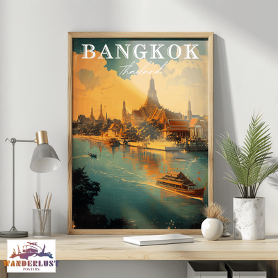 Bangkok, Thailand - Vintage River Scene - Travel Poster