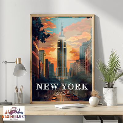 New York, USA - Retro Sunset Skyline - Travel Poster