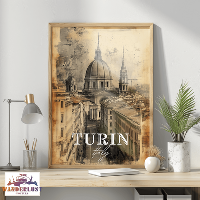 Turin, Italy - Vintage Skyline Art - Travel Poster