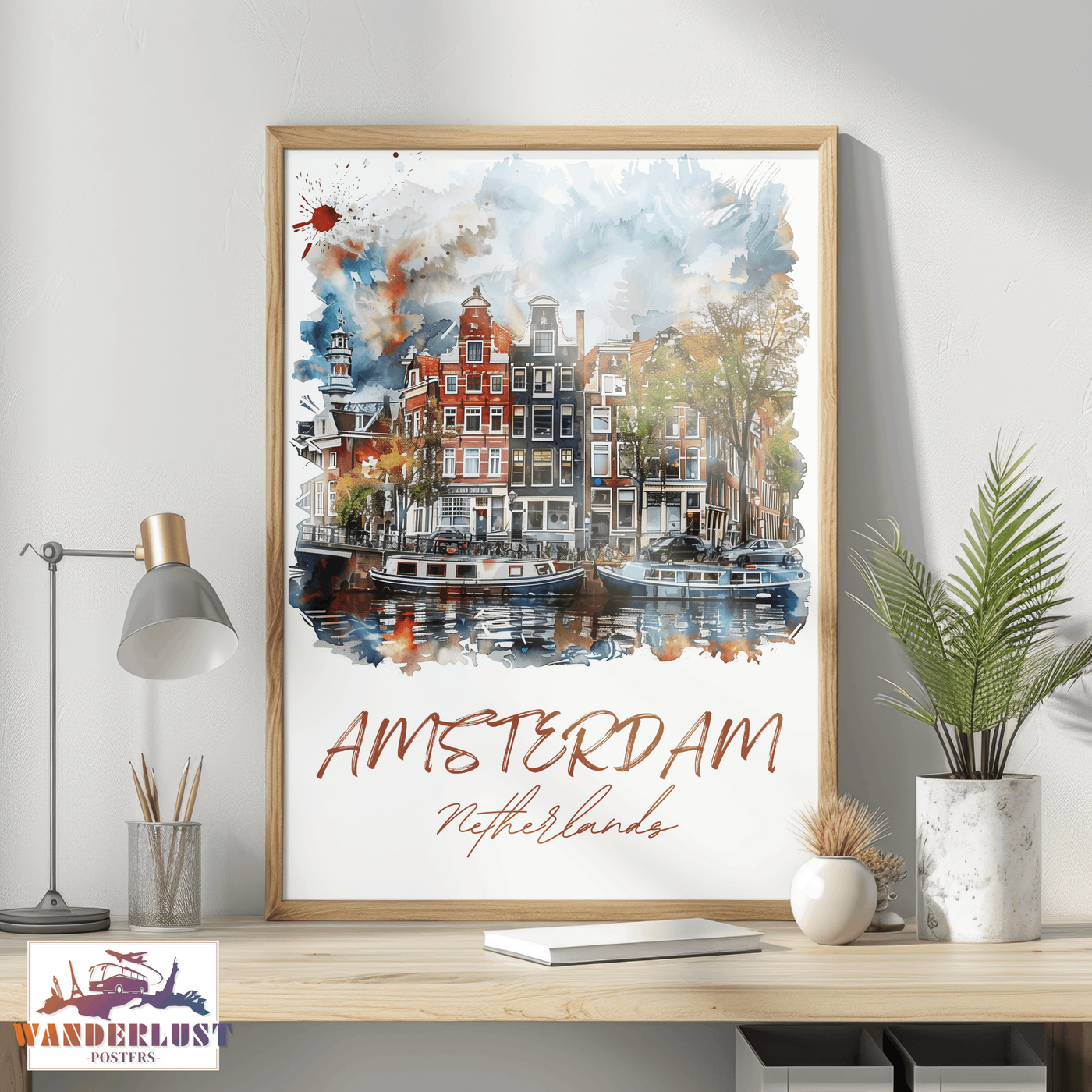 Amsterdam, Netherlands - Watercolor Canal View - Travel Poster