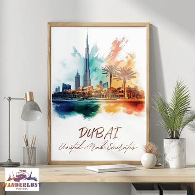 Dubai, United Arab Emirates - Vibrant Watercolor Skyline - Travel Poster