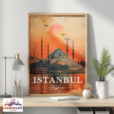 Istanbul, Turkey - Vintage Sunset Skyline - Travel Poster