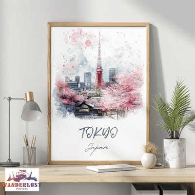 Tokyo, Japan - Watercolor Skyline with Cherry Blossoms - Travel Poster