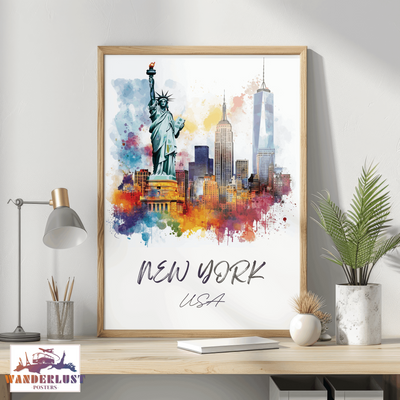 New York, USA - Watercolor Skyline with Statue of Liberty - Travel Poster