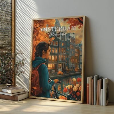 Amsterdam, Netherlands - Vintage Canal Sunset Travel Poster - Travel Destinations Poster