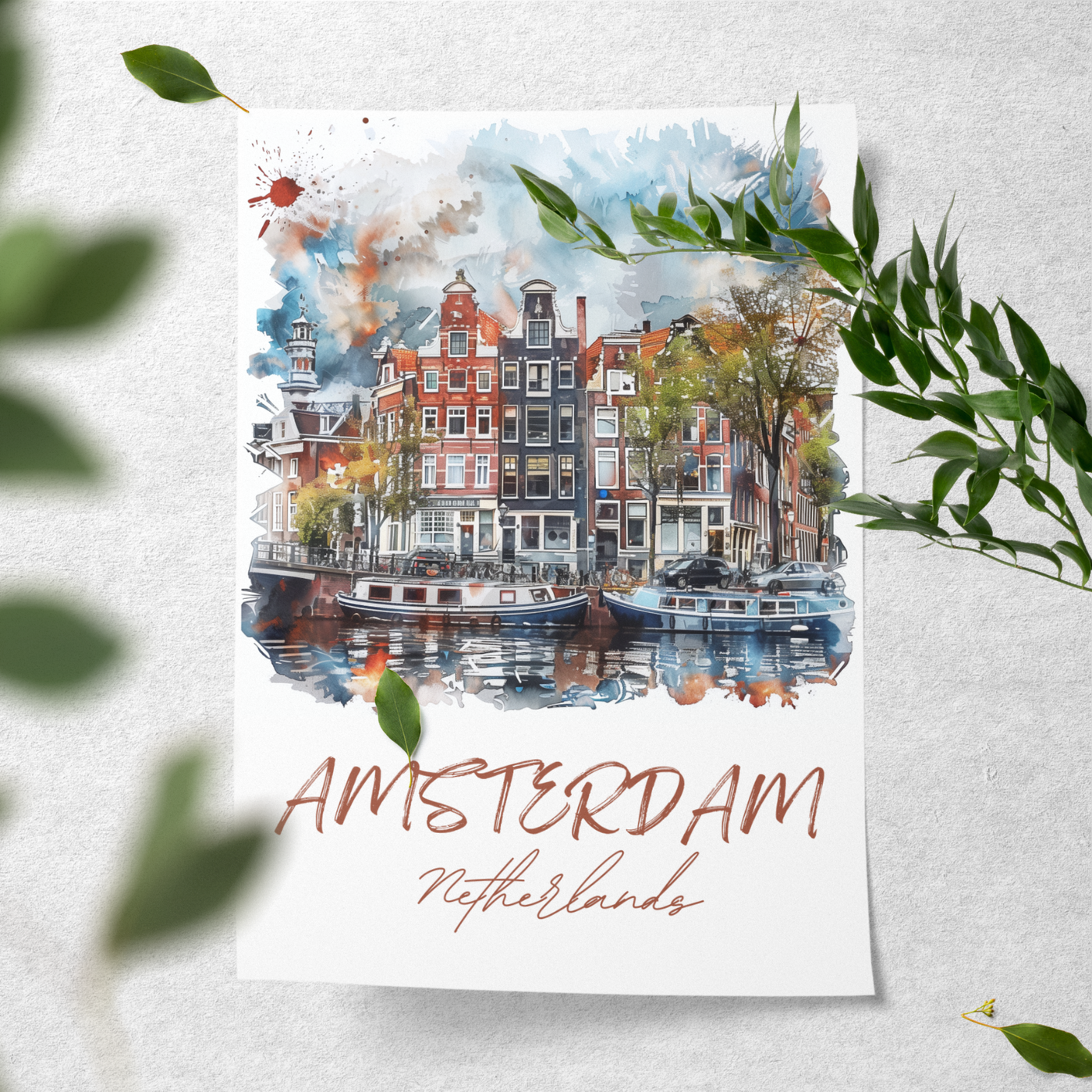 Amsterdam, Netherlands - Watercolor Canal View - Travel Destinations Poster