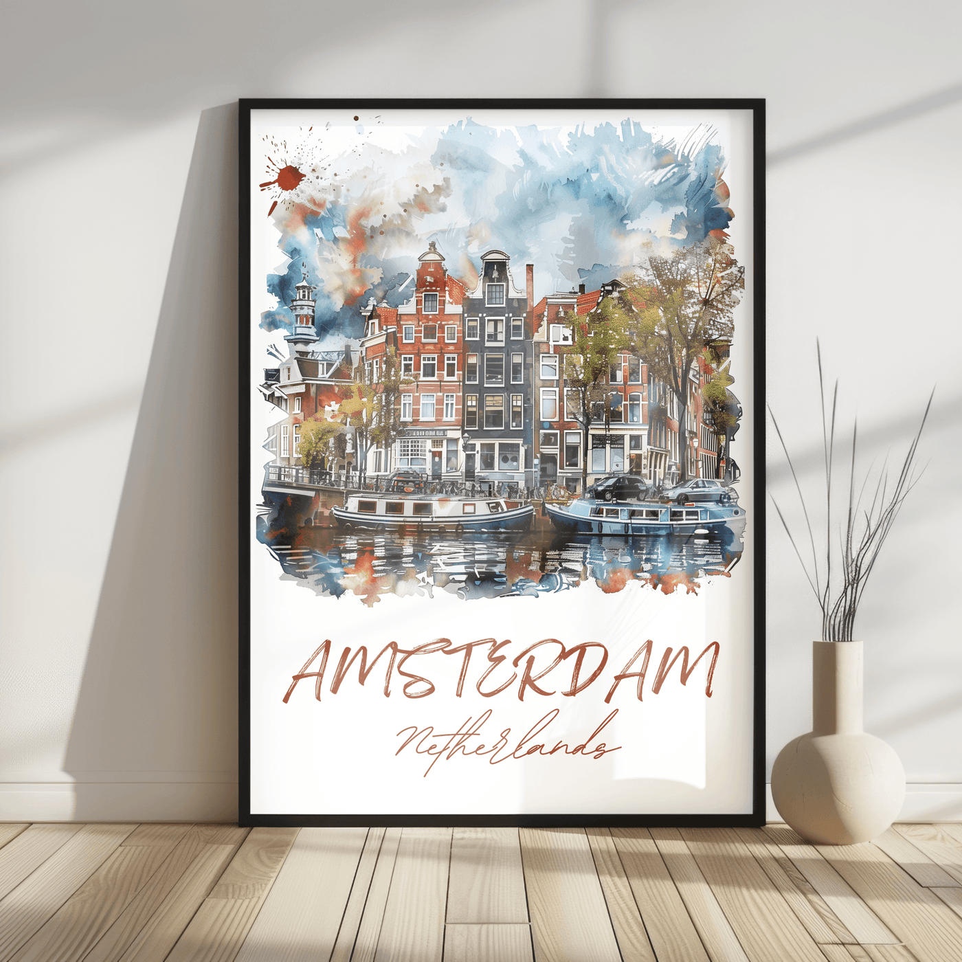 Amsterdam, Netherlands - Watercolor Canal View - Travel Destinations Poster