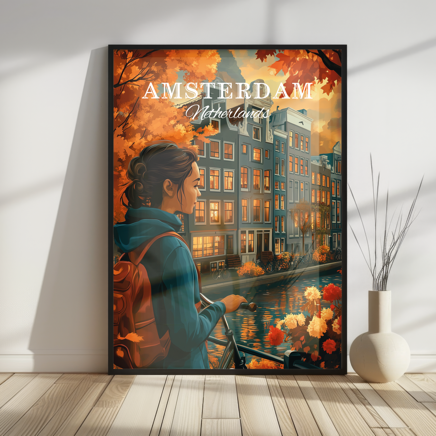 Amsterdam, Netherlands - Vintage Canal Sunset Travel Poster - Travel Destinations Poster