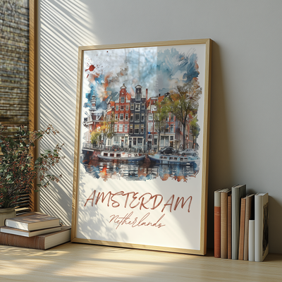 Amsterdam, Netherlands - Watercolor Canal View - Travel Destinations Poster