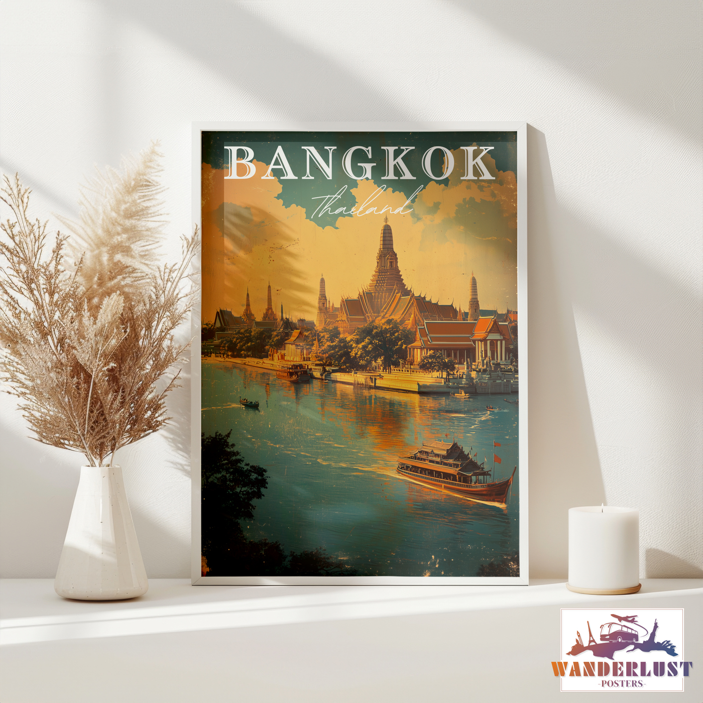 Bangkok, Thailand - Vintage River Scene - Travel Destinations Poster