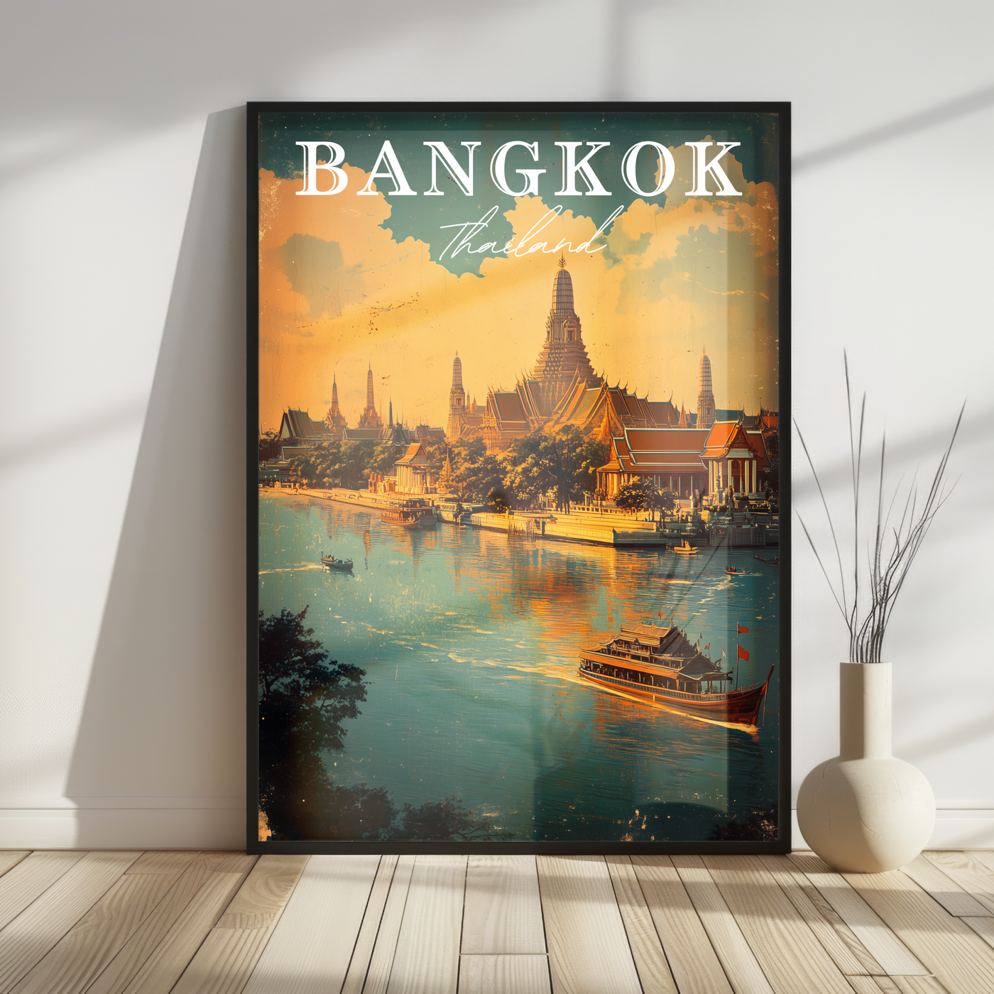 Bangkok, Thailand - Vintage River Scene - Travel Destinations Poster