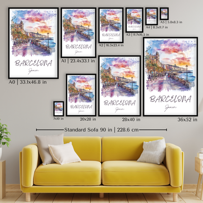 Barcelona, Spain - Watercolor Seaside Promenade - Travel Destinations Poster