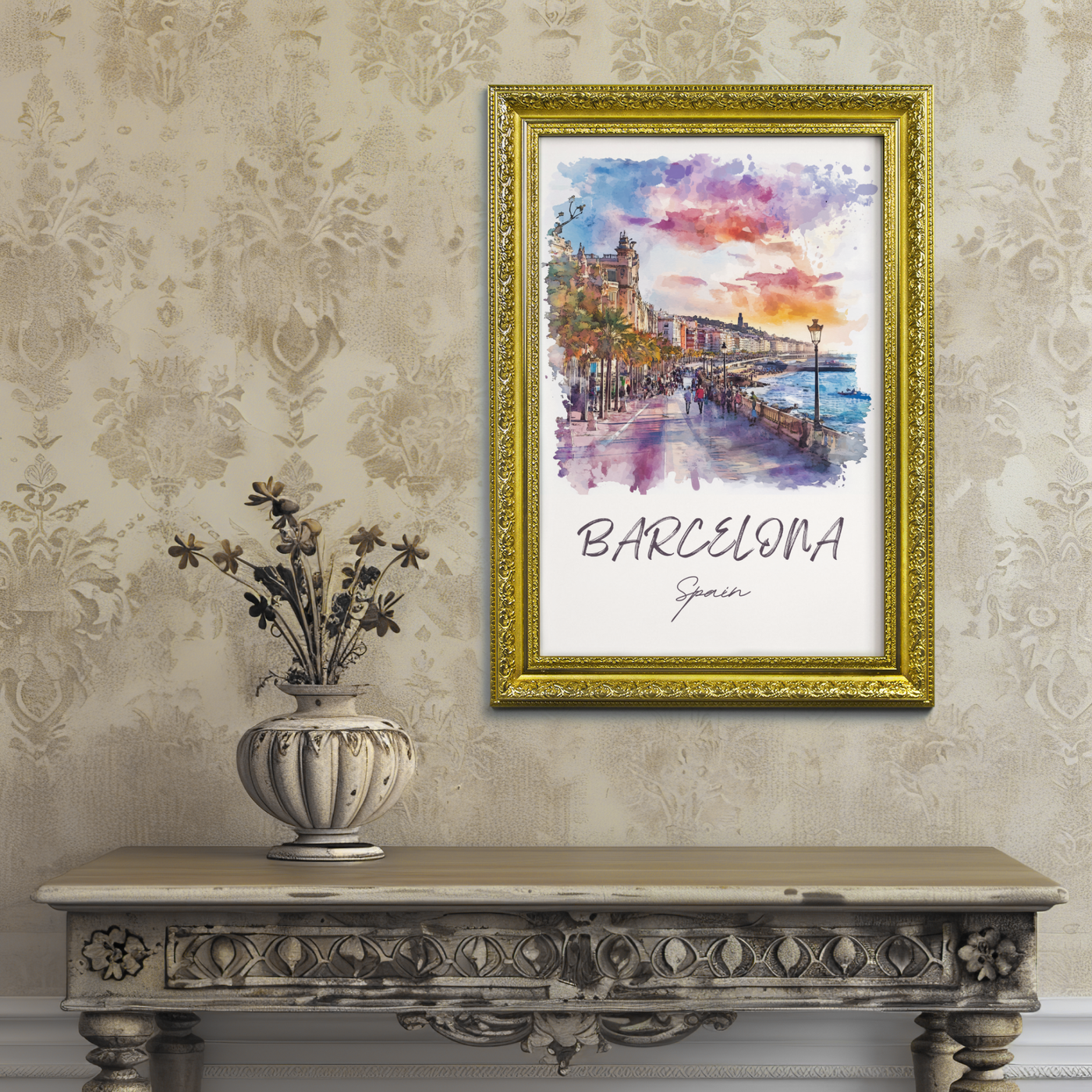 Barcelona, Spain - Watercolor Seaside Promenade - Travel Destinations Poster