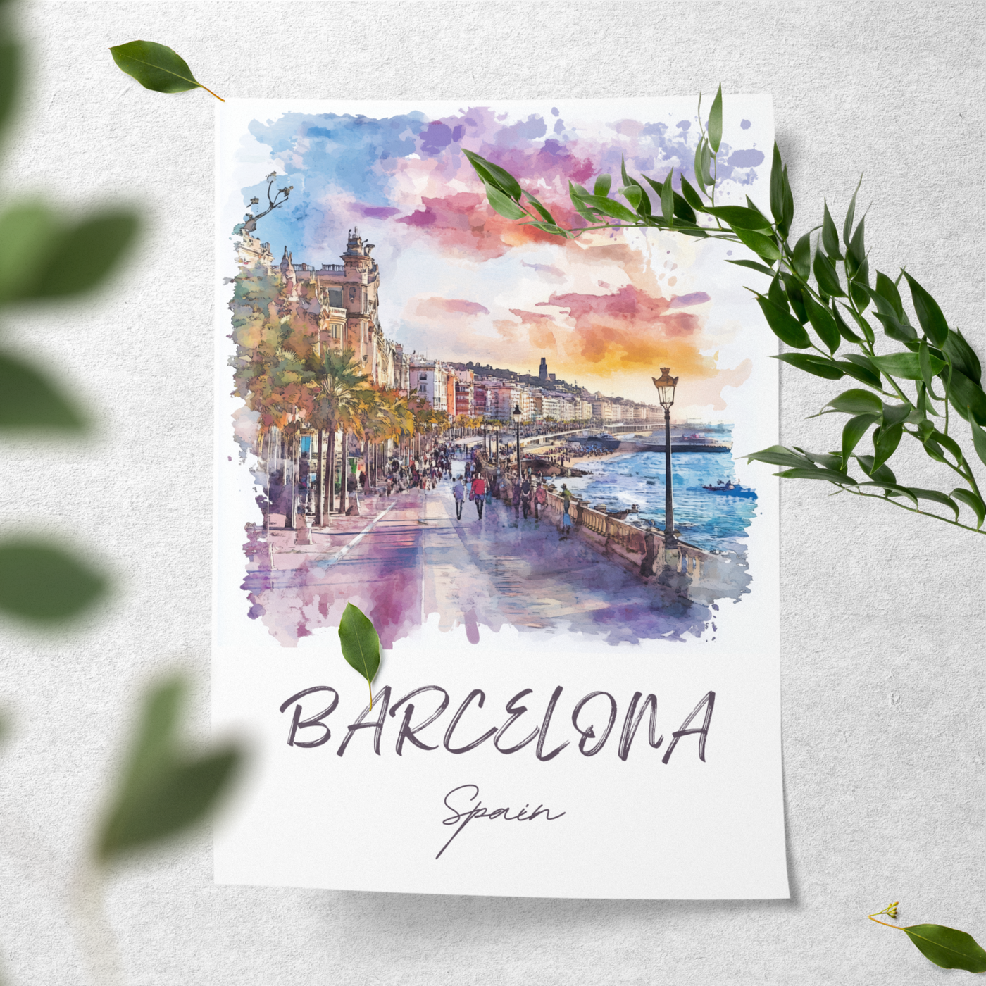 Barcelona, Spain - Watercolor Seaside Promenade - Travel Destinations Poster