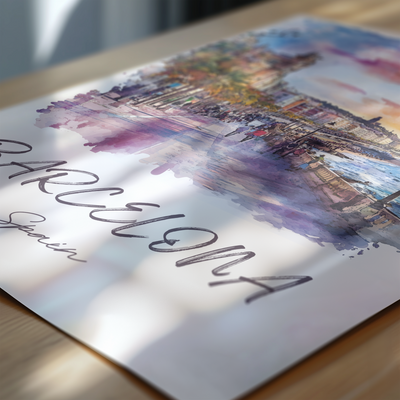 Barcelona, Spain - Watercolor Seaside Promenade - Travel Destinations Poster