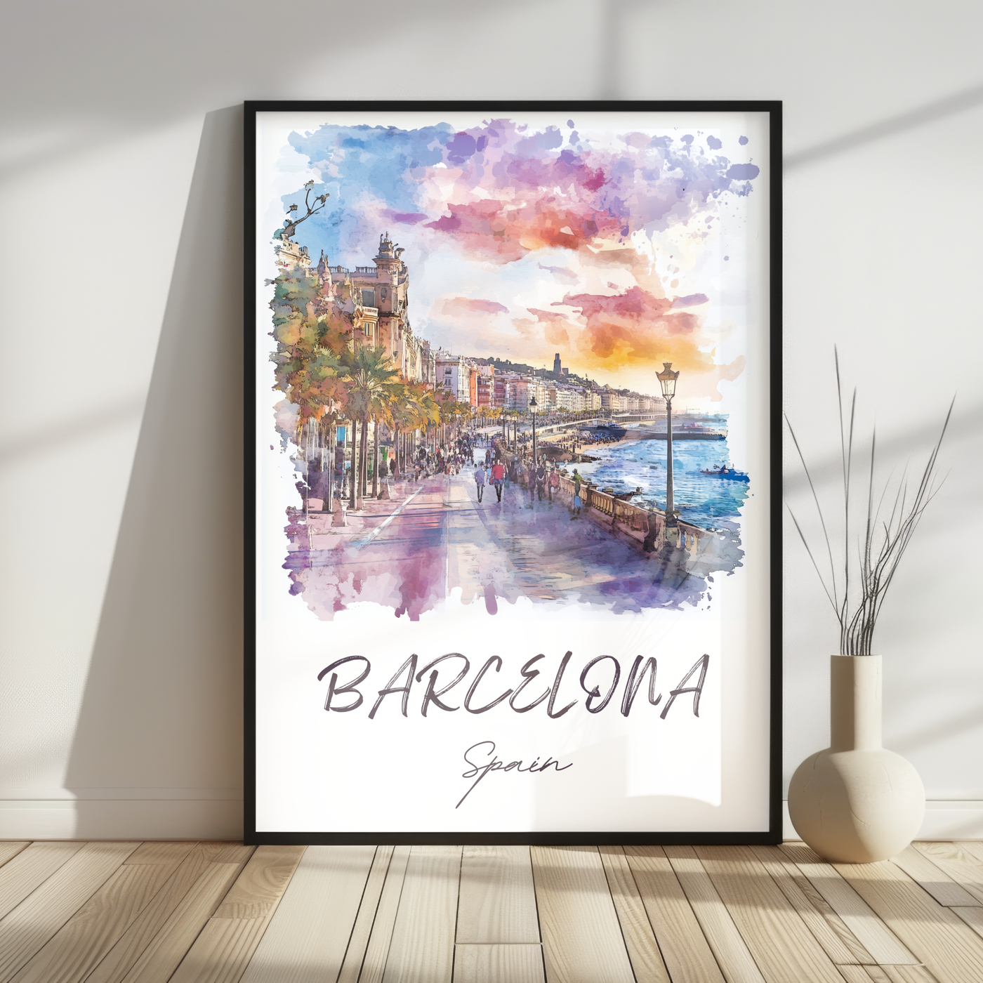 Barcelona, Spain - Watercolor Seaside Promenade - Travel Destinations Poster