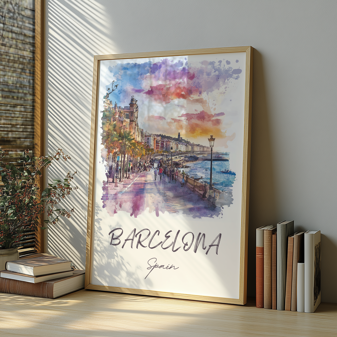 Barcelona, Spain - Watercolor Seaside Promenade - Travel Destinations Poster