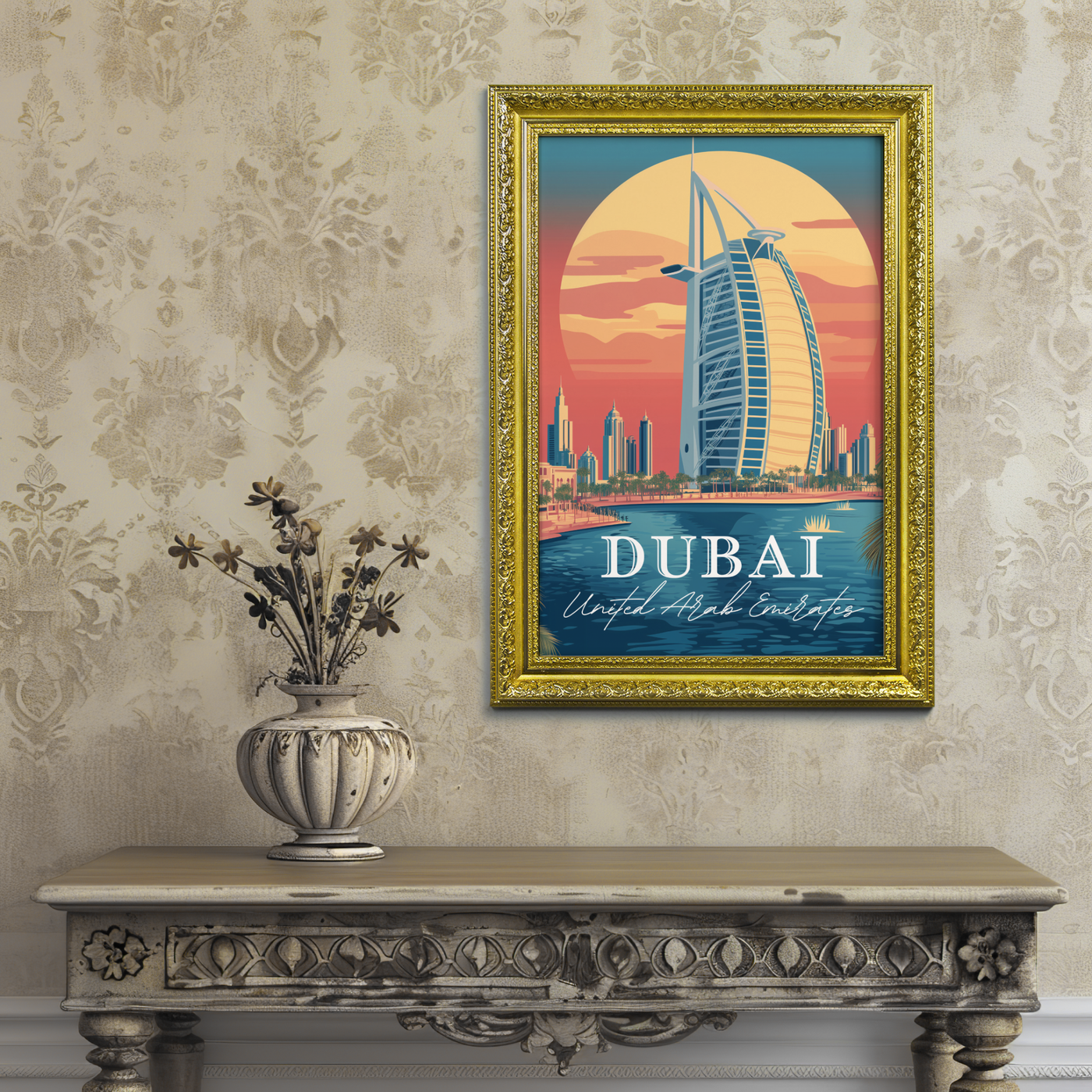 Dubai, United Arab Emirates - Vintage Skyline - Travel Destinations Poster