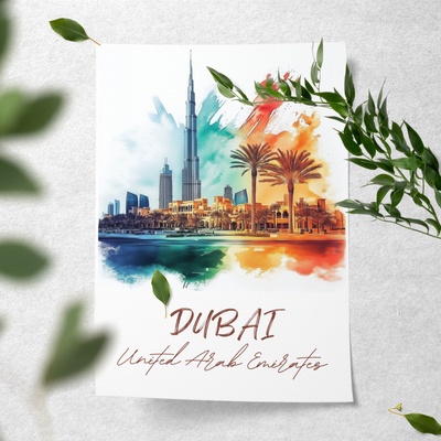 Dubai, United Arab Emirates - Vibrant Watercolor Skyline - Travel Destinations Poster