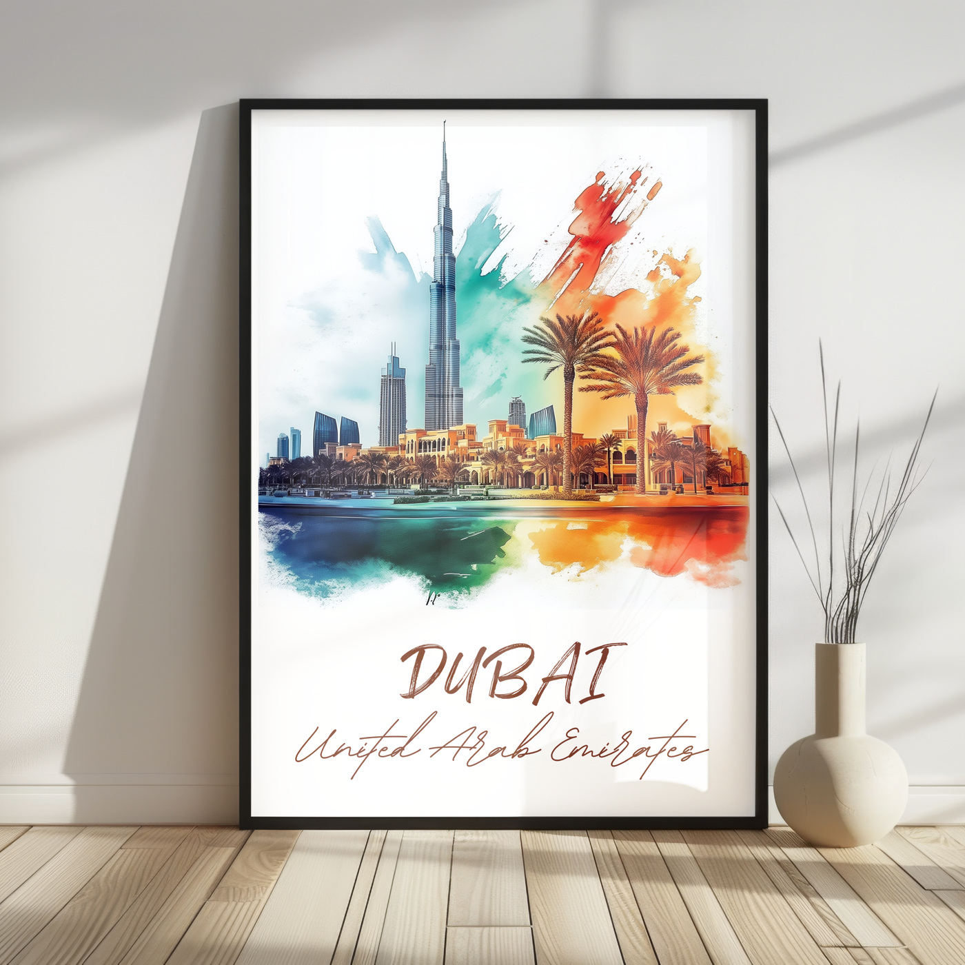 Dubai, United Arab Emirates - Vibrant Watercolor Skyline - Travel Destinations Poster