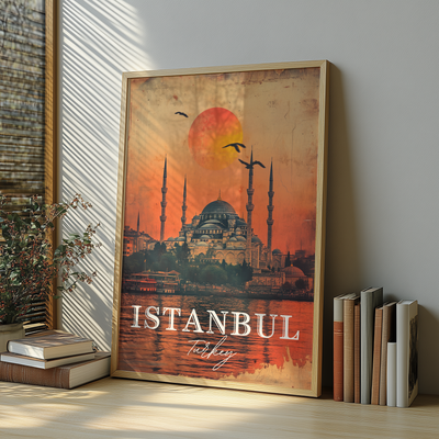 Istanbul, Turkey - Vintage Sunset Skyline - Travel Destinations Poster