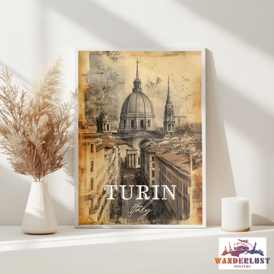 Turin, Italy - Vintage Skyline Art - Travel Poster