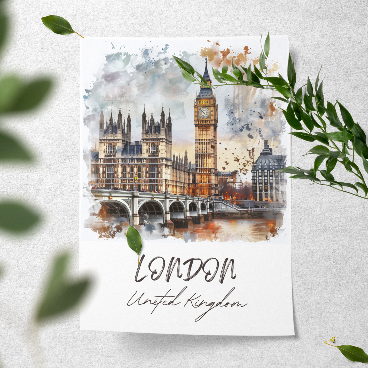 London, United Kingdom - Watercolor Skyline - Travel Destinations Poster