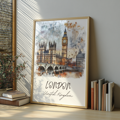 London, United Kingdom - Watercolor Skyline - Travel Destinations Poster