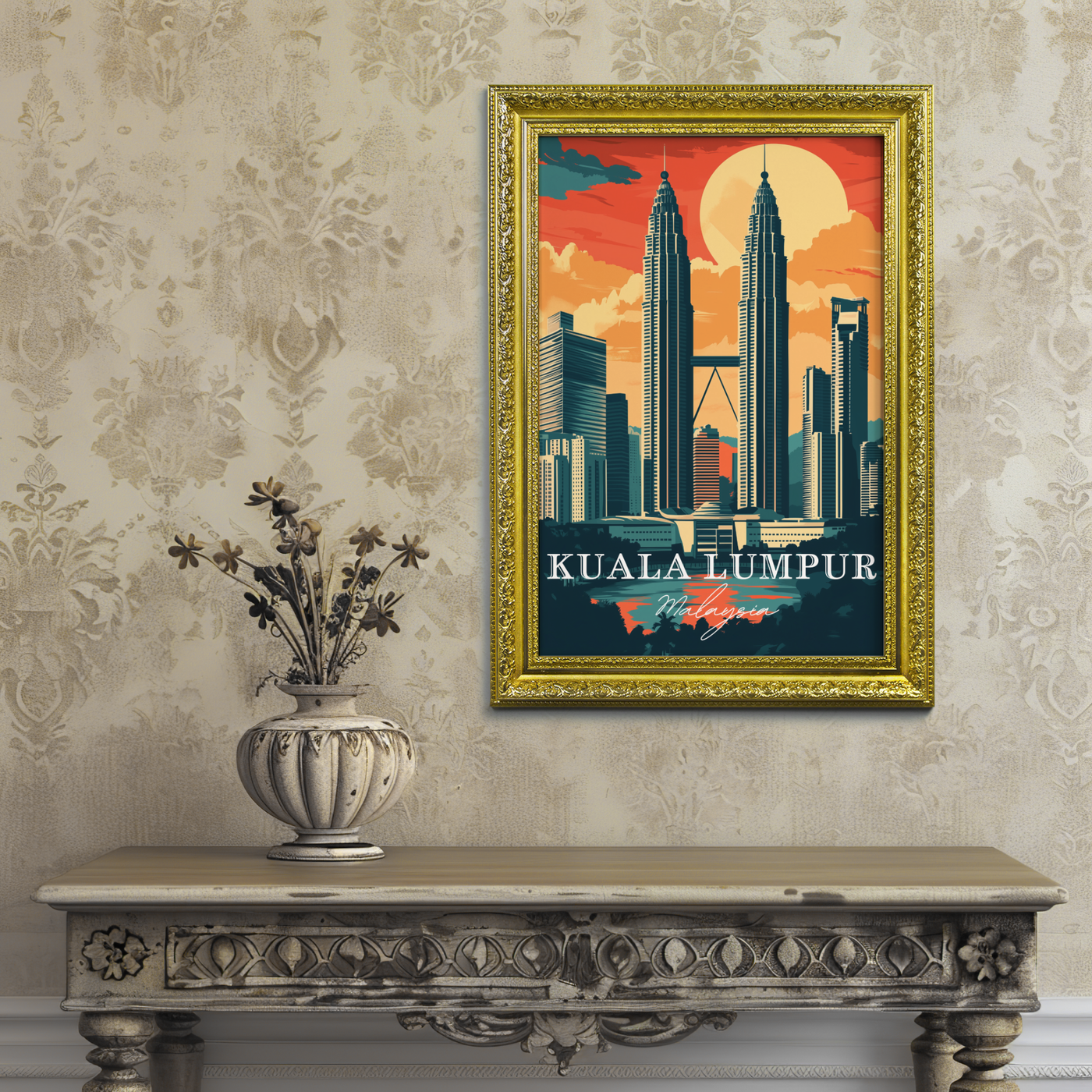 Kuala Lumpur, Malaysia - Vintage Skyline Art - Travel Destinations Poster