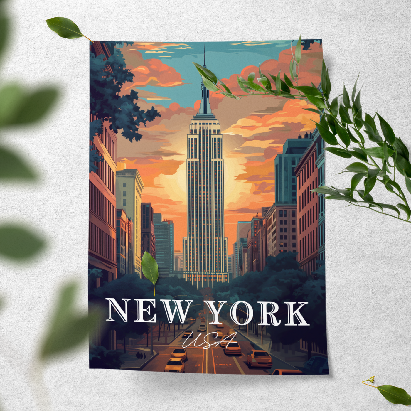 New York, USA - Retro Sunset Skyline - Travel Destinations Poster