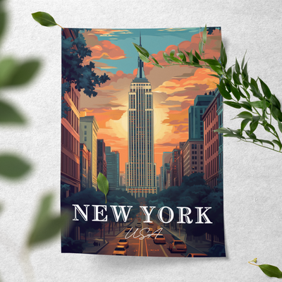 New York, USA - Retro Sunset Skyline - Travel Destinations Poster