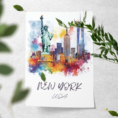 New York, USA - Watercolor Skyline with Statue of Liberty - Travel Destinations Poster