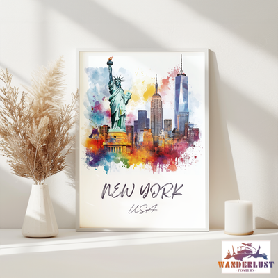 New York, USA - Watercolor Skyline with Statue of Liberty - Travel Poster