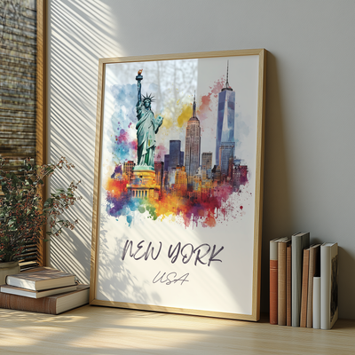 New York, USA - Watercolor Skyline with Statue of Liberty - Travel Destinations Poster